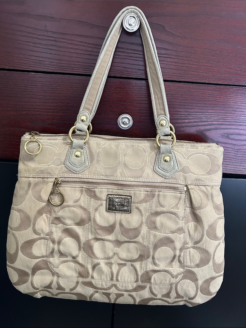 Coach Tan Signature Canvas Shoulder Tote with Gold Hardware